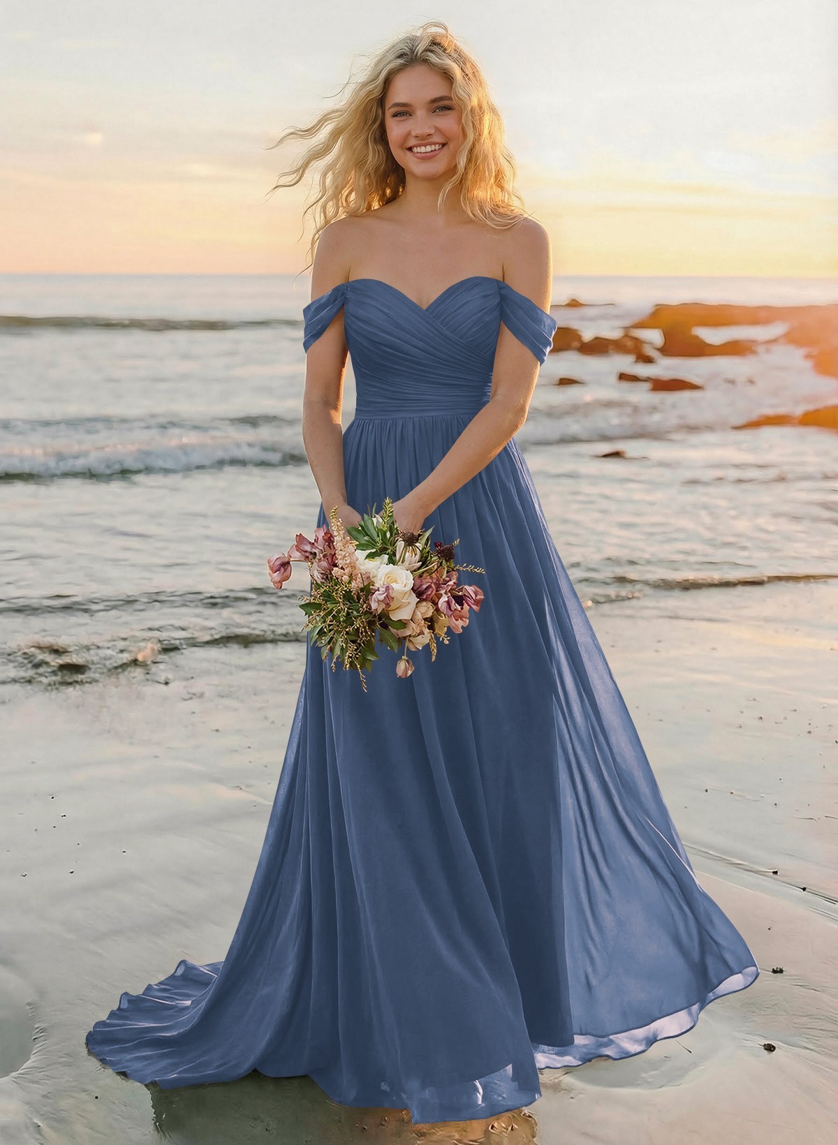 A-Line Off-The-Shoulder Sleeveless Sweep Train Chiffon Bridesmaid Dresses