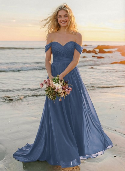 A-Line Off-The-Shoulder Sleeveless Sweep Train Chiffon Bridesmaid Dresses