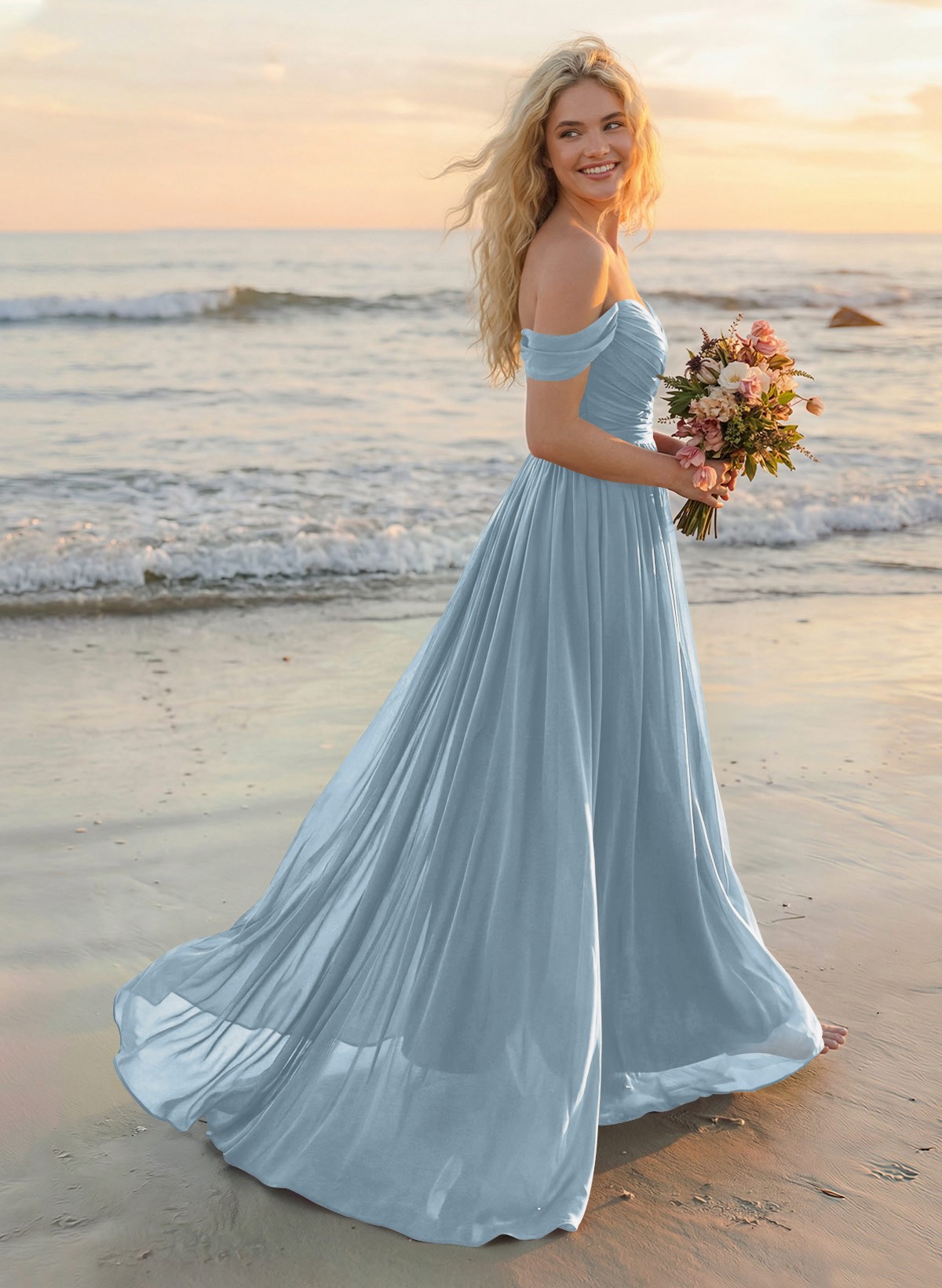 A-Line Off-The-Shoulder Sleeveless Sweep Train Chiffon Bridesmaid Dresses