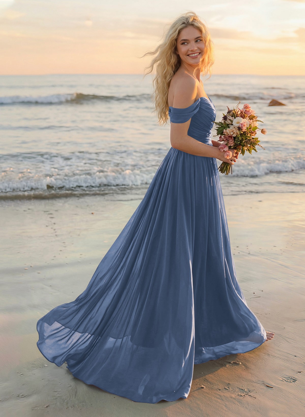 A-Line Off-The-Shoulder Sleeveless Sweep Train Chiffon Bridesmaid Dresses