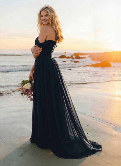 A-Line Off-The-Shoulder Sleeveless Sweep Train Chiffon Bridesmaid Dresses
