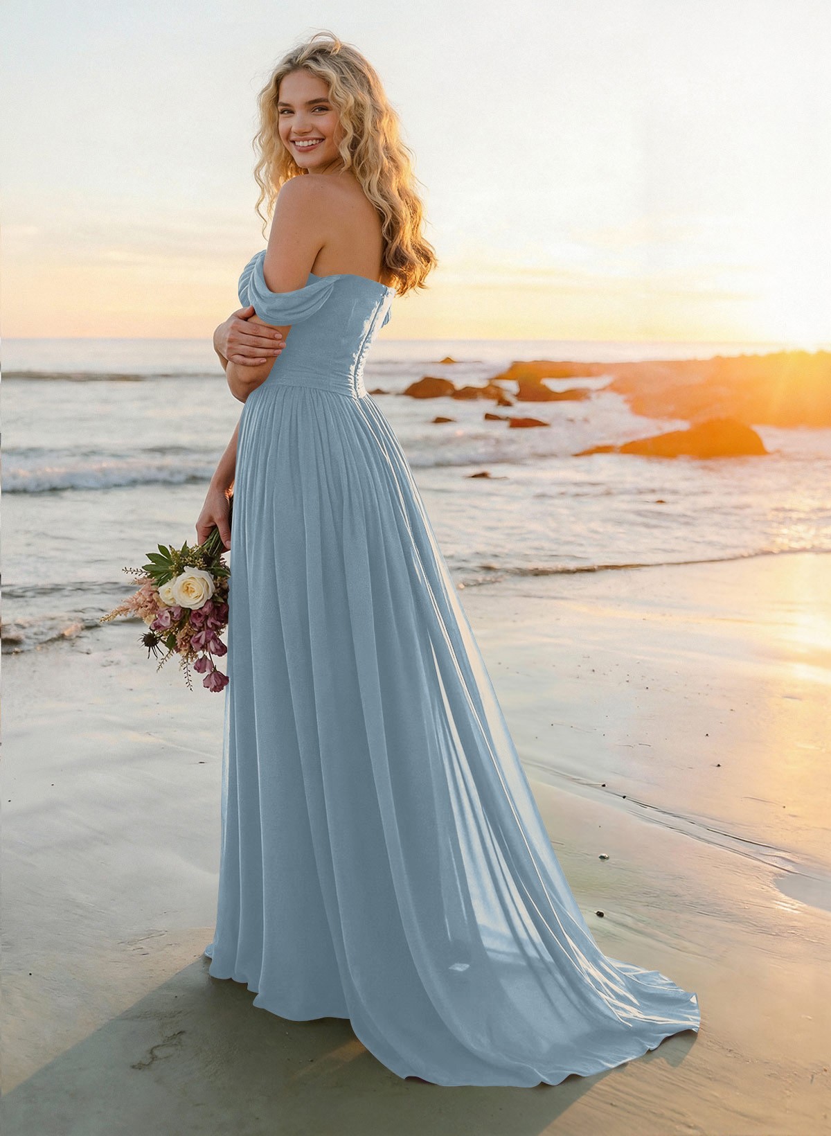 A-Line Off-The-Shoulder Sleeveless Sweep Train Chiffon Bridesmaid Dresses