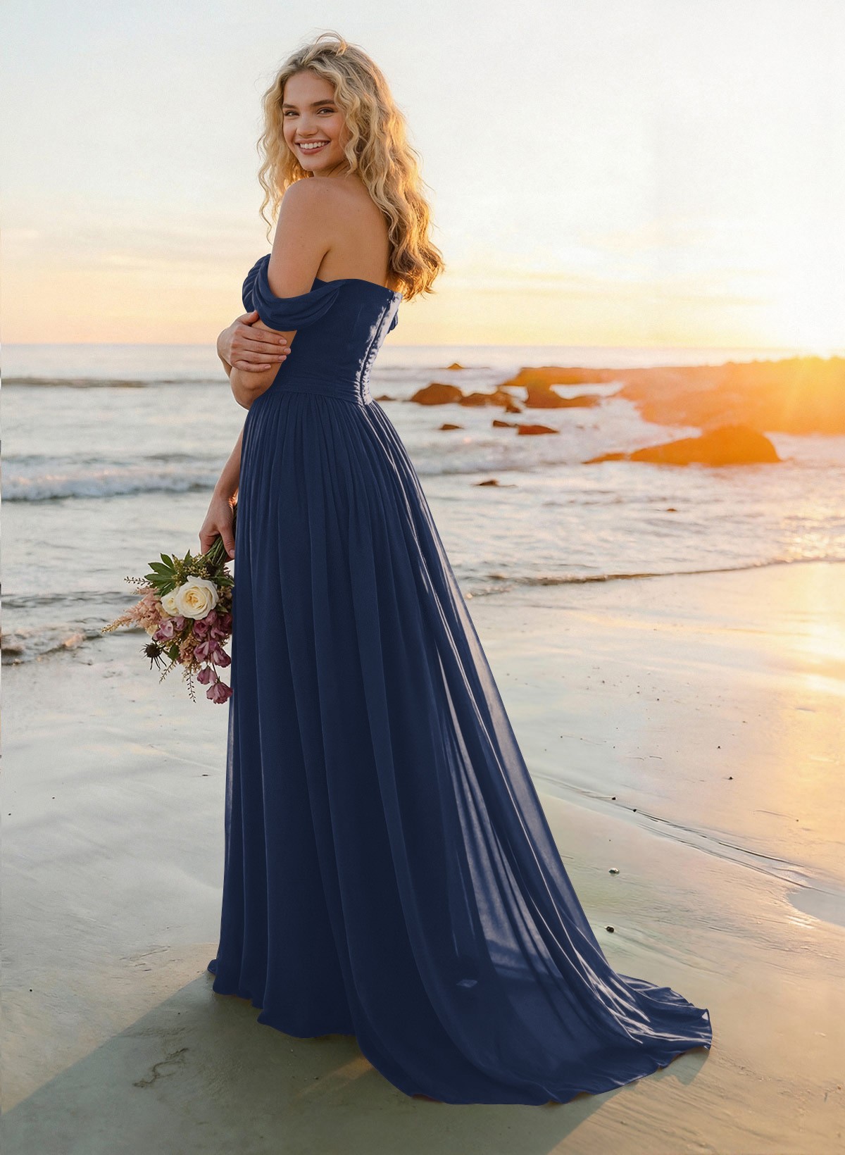 A-Line Off-The-Shoulder Sleeveless Sweep Train Chiffon Bridesmaid Dresses