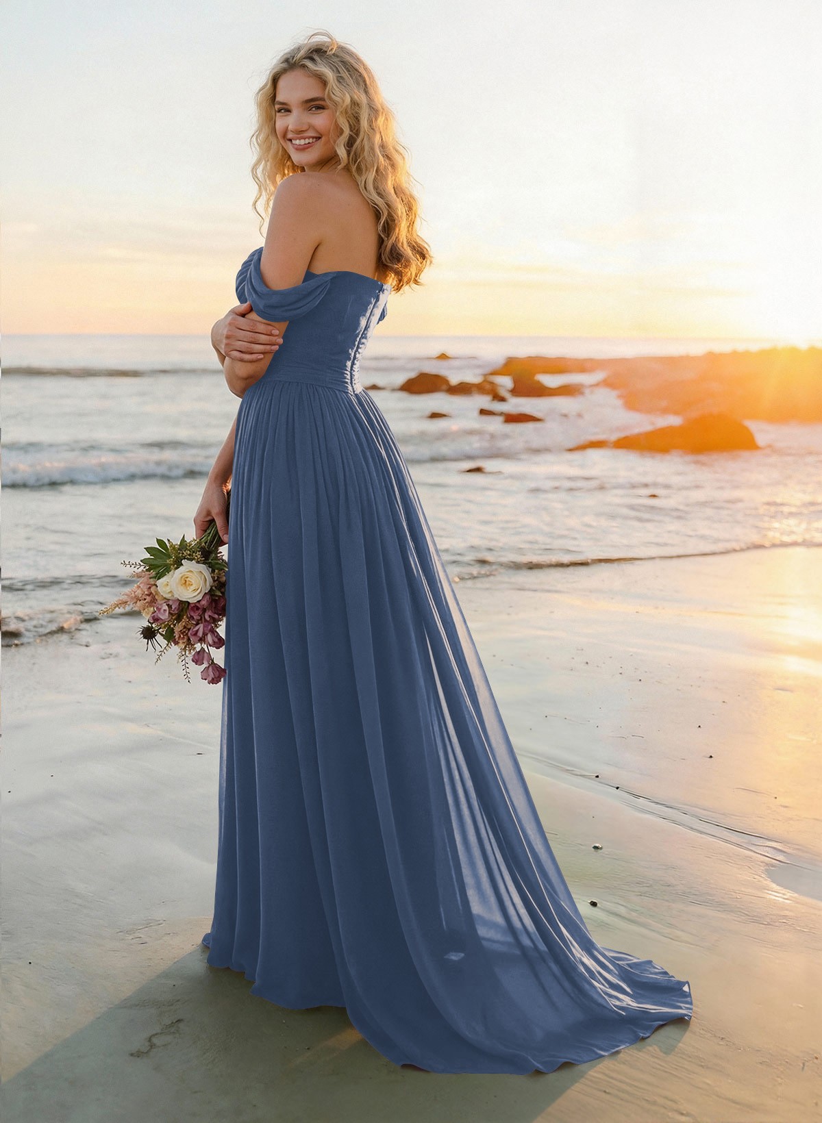 A-Line Off-The-Shoulder Sleeveless Sweep Train Chiffon Bridesmaid Dresses