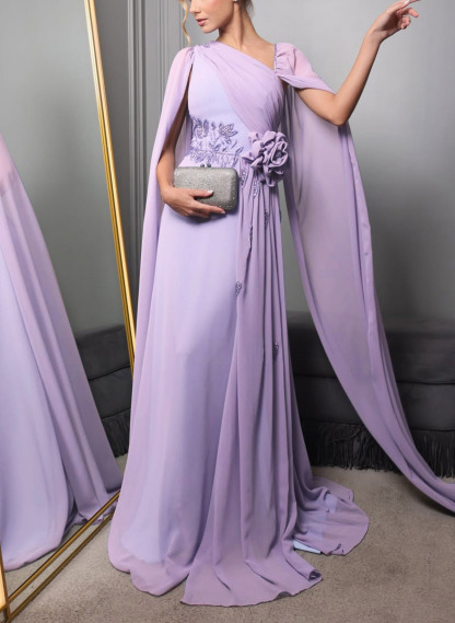 Sheath/Column Asymmetrical Cape Sleeves Floor-Length Chiffon Evening Dresses in Lilac, US2