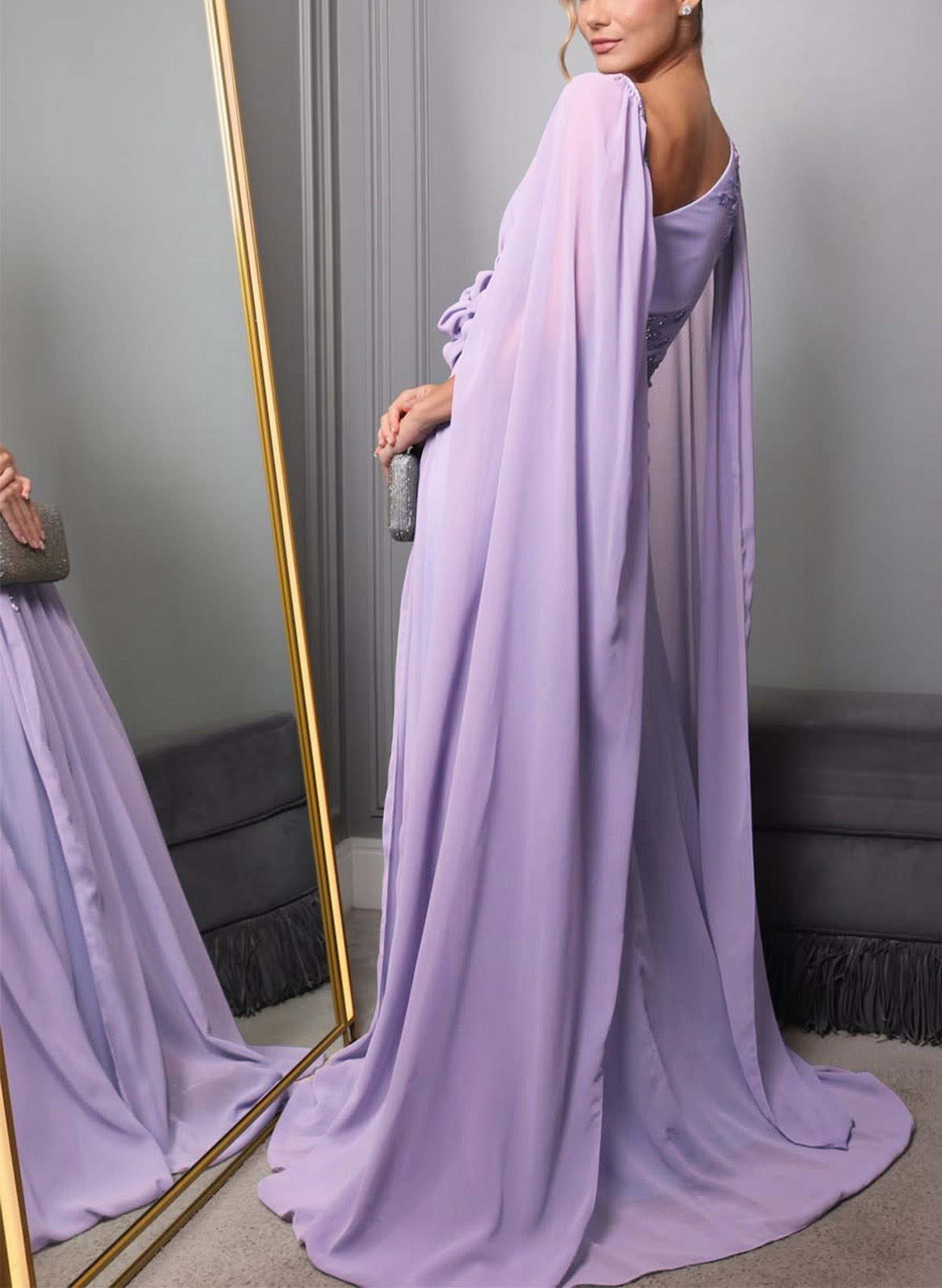 Sheath/Column Asymmetrical Cape Sleeves Floor-Length Chiffon Evening Dresses, supplier image 2
