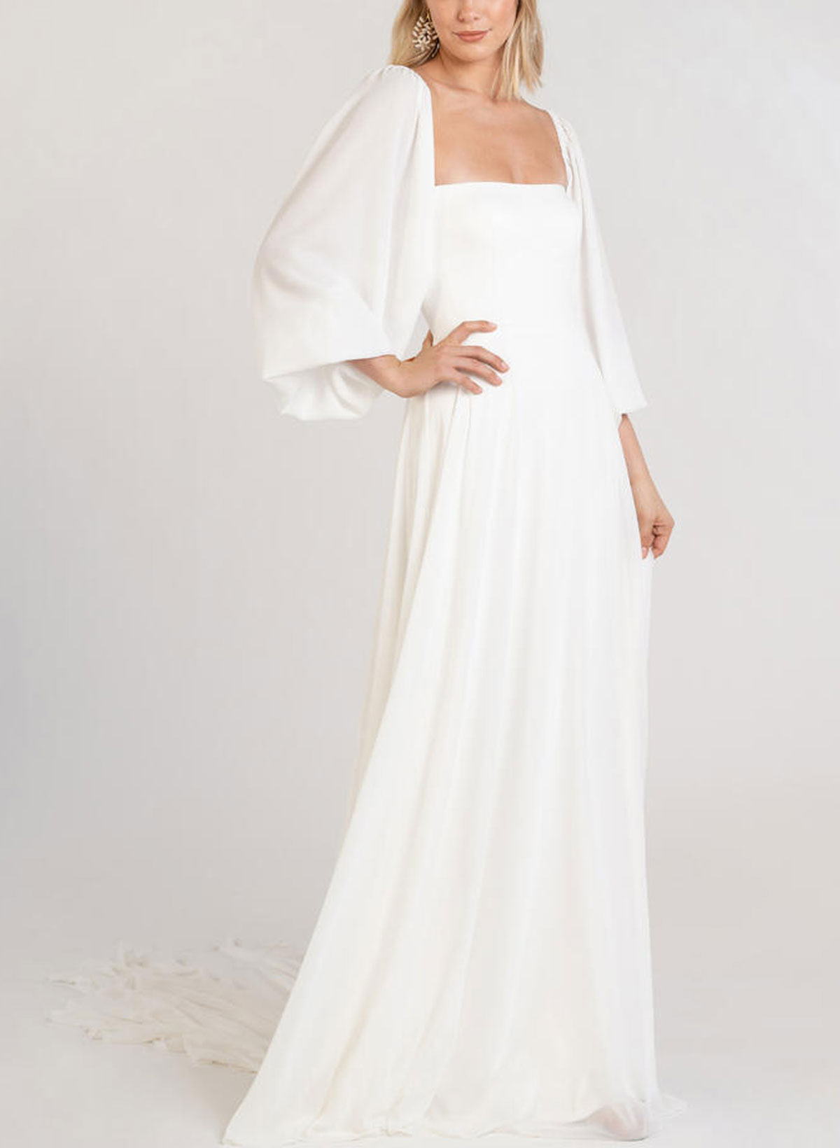 A-Line Square Neckline Long Sleeves Court Train Chiffon Wedding Dresses, image 1