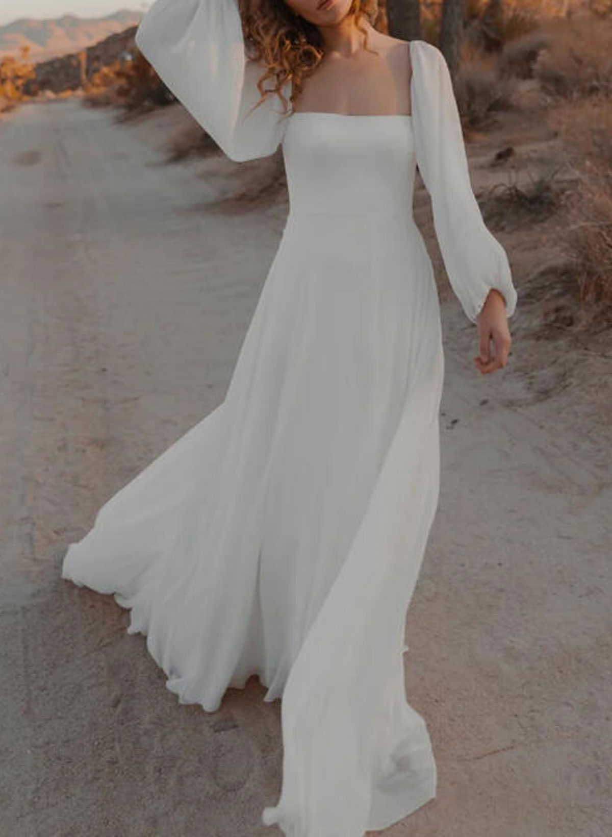 A-Line Square Neckline Long Sleeves Court Train Chiffon Wedding Dresses, image 3