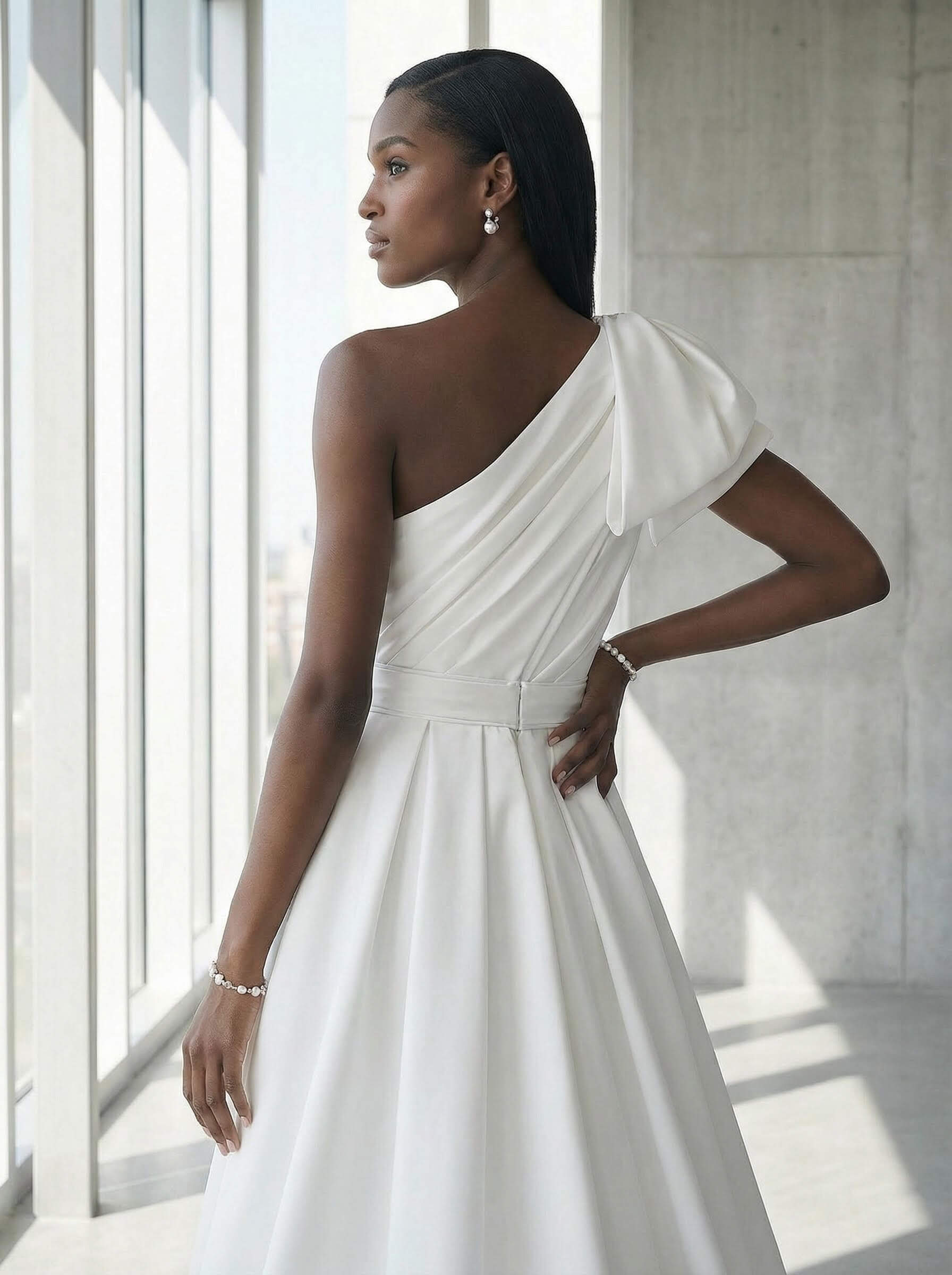 A-Line One-Shoulder Sleeveless Satin Cathedral Train Wedding Dresses, image 4