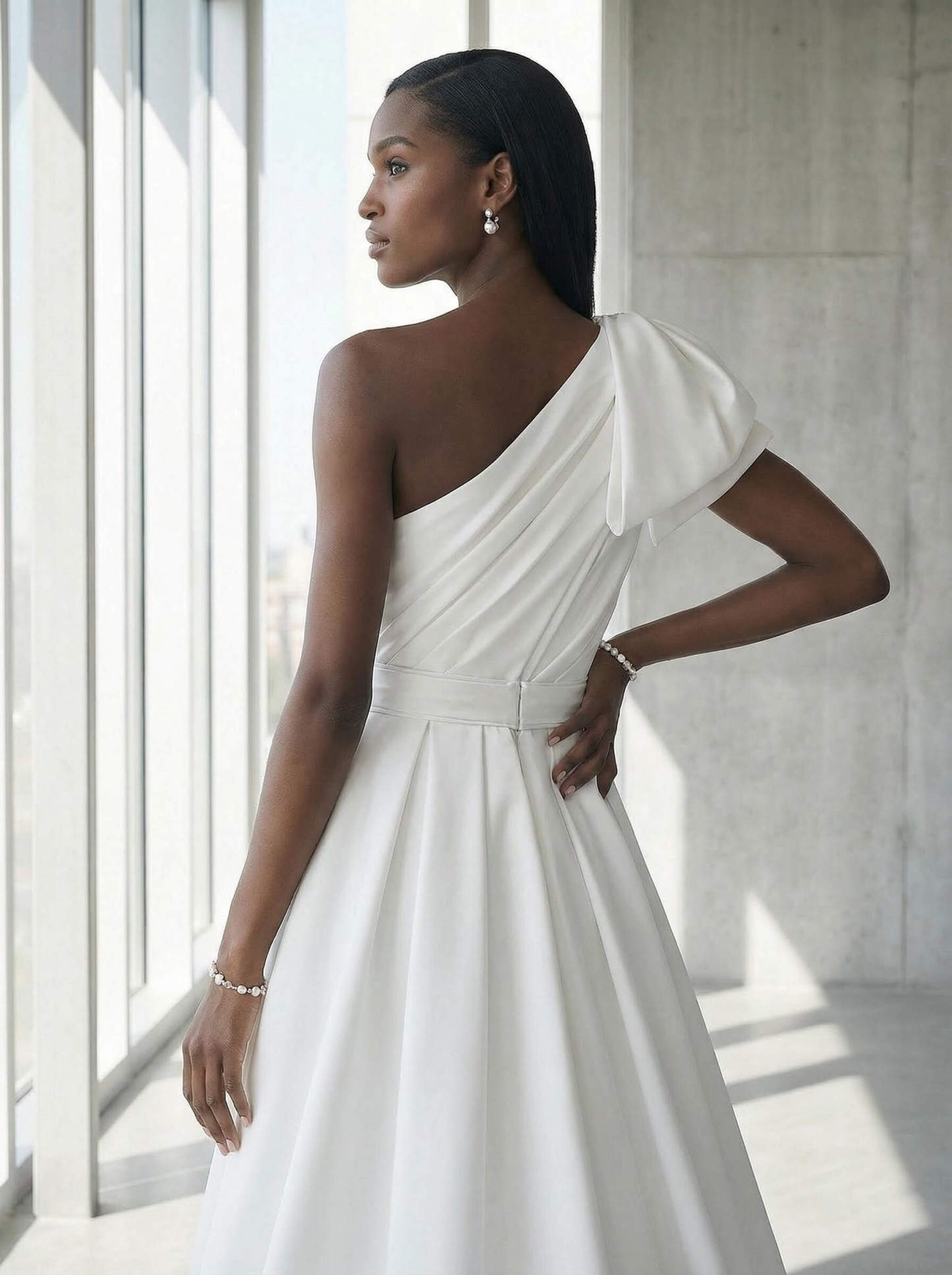 A-Line One-Shoulder Sleeveless Satin Cathedral Train Wedding Dresses, image 4