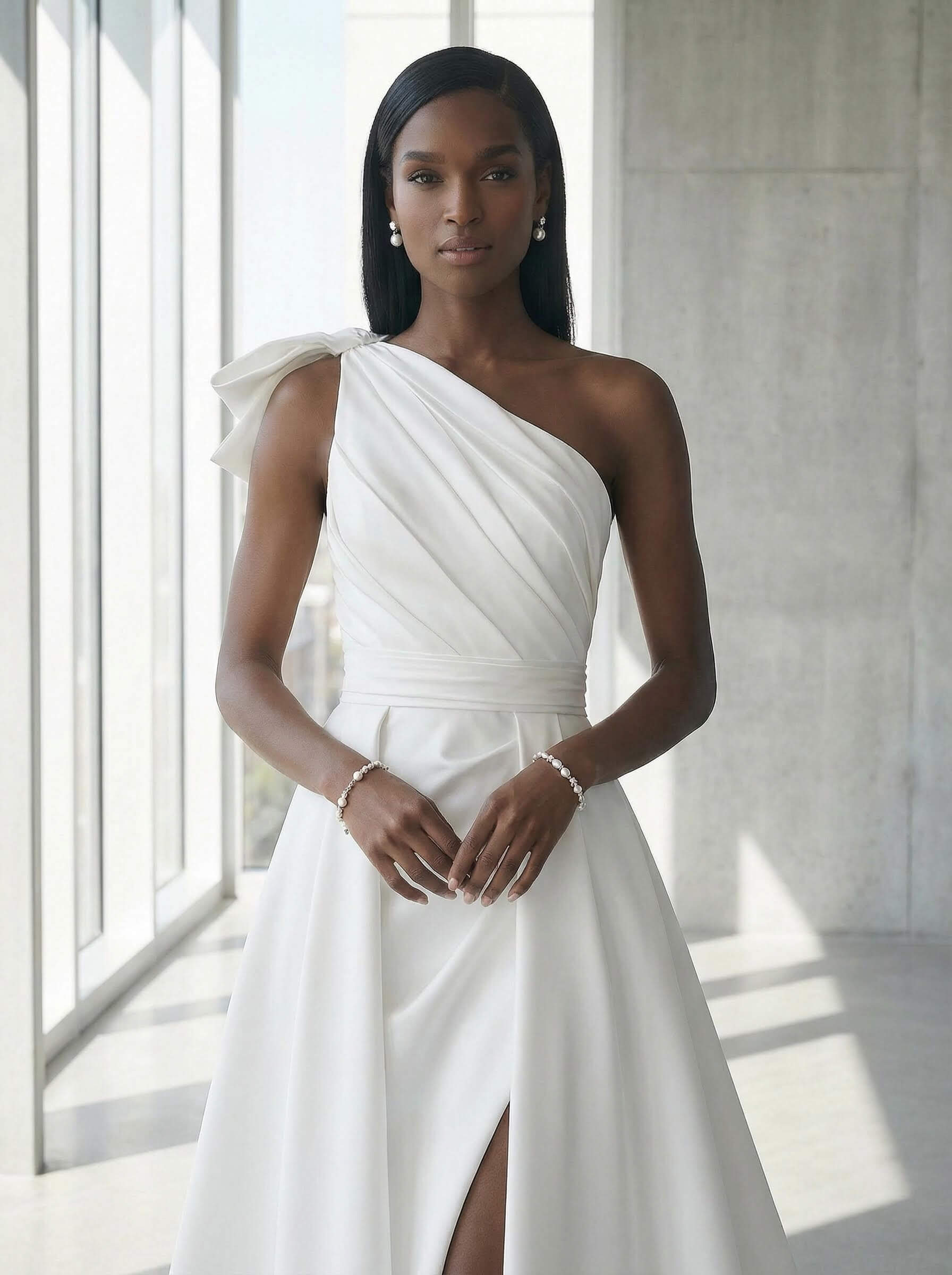 A-Line One-Shoulder Sleeveless Satin Cathedral Train Wedding Dresses, image 3