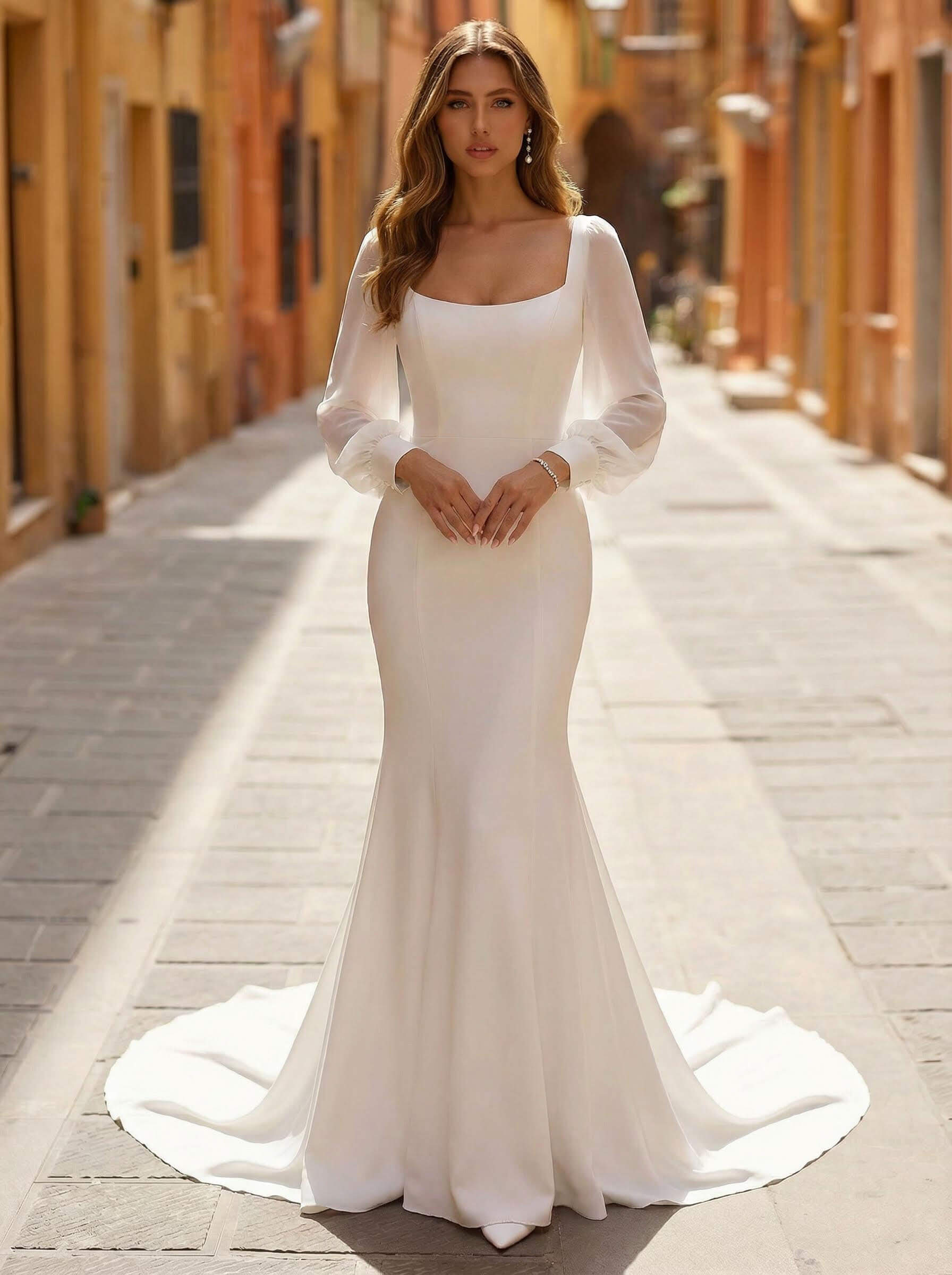 Trumpet/Mermaid Square Neckline Long Sleeves Chapel Train Chiffon/Satin Wedding Dresses, image 1