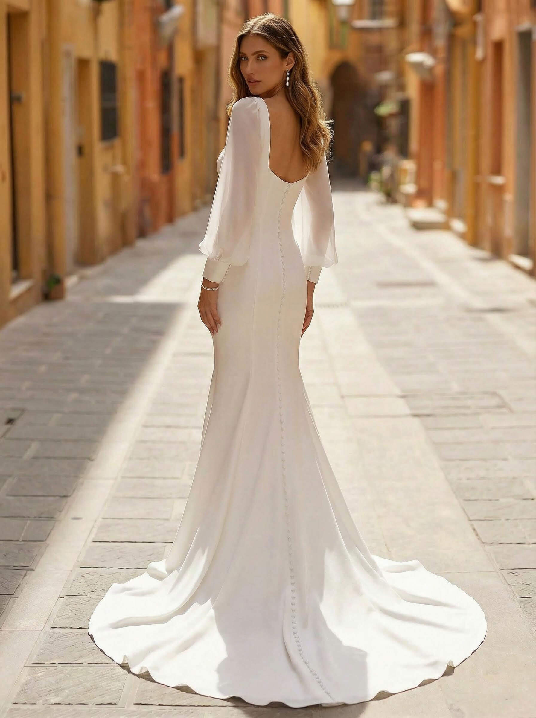 Trumpet/Mermaid Square Neckline Long Sleeves Chapel Train Chiffon/Satin Wedding Dresses, image 2