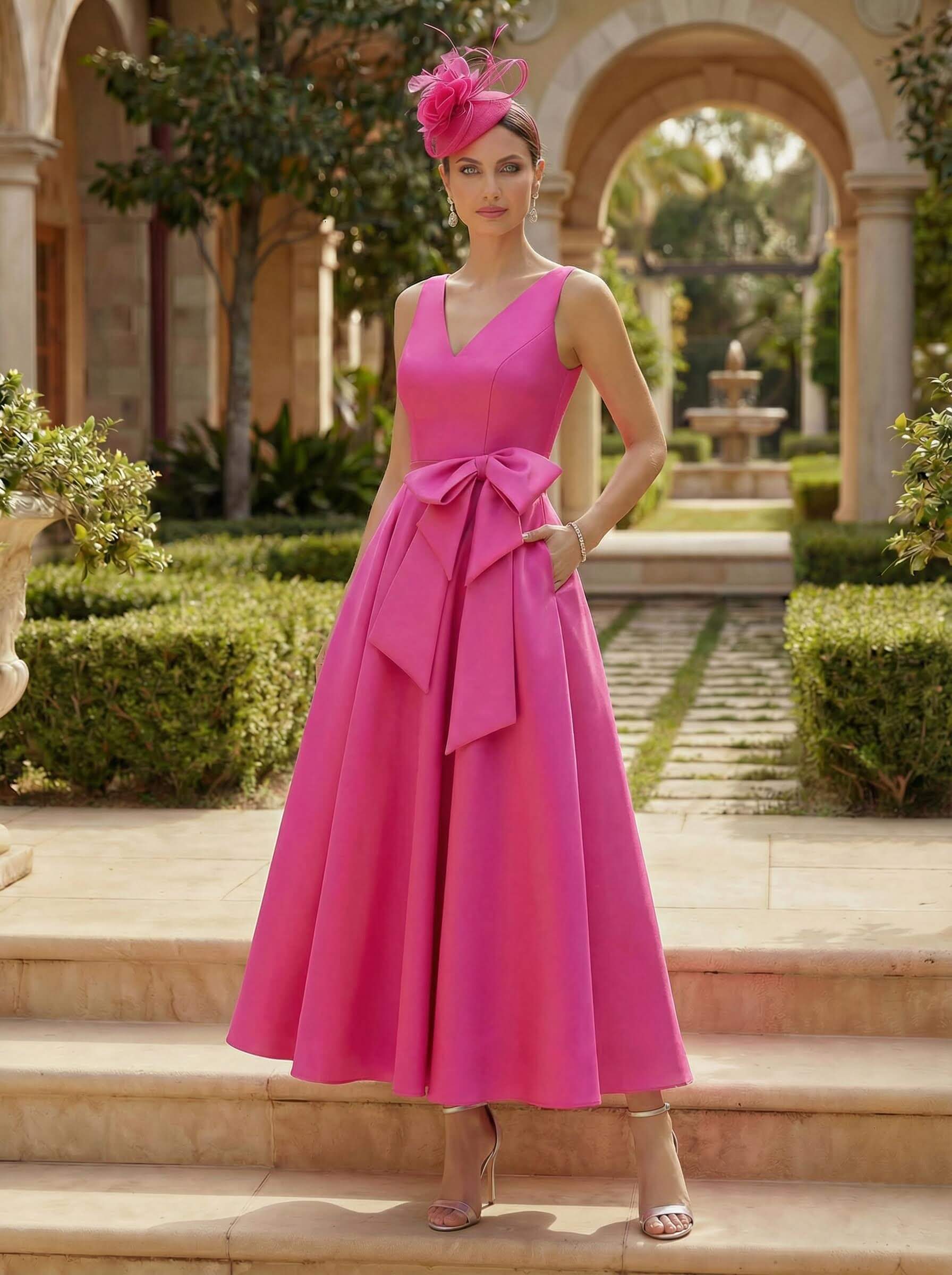 A-Line V-Neck Satin Mother Of The Bride Dresses With Bow(s)/Pockets in As Picture, US2