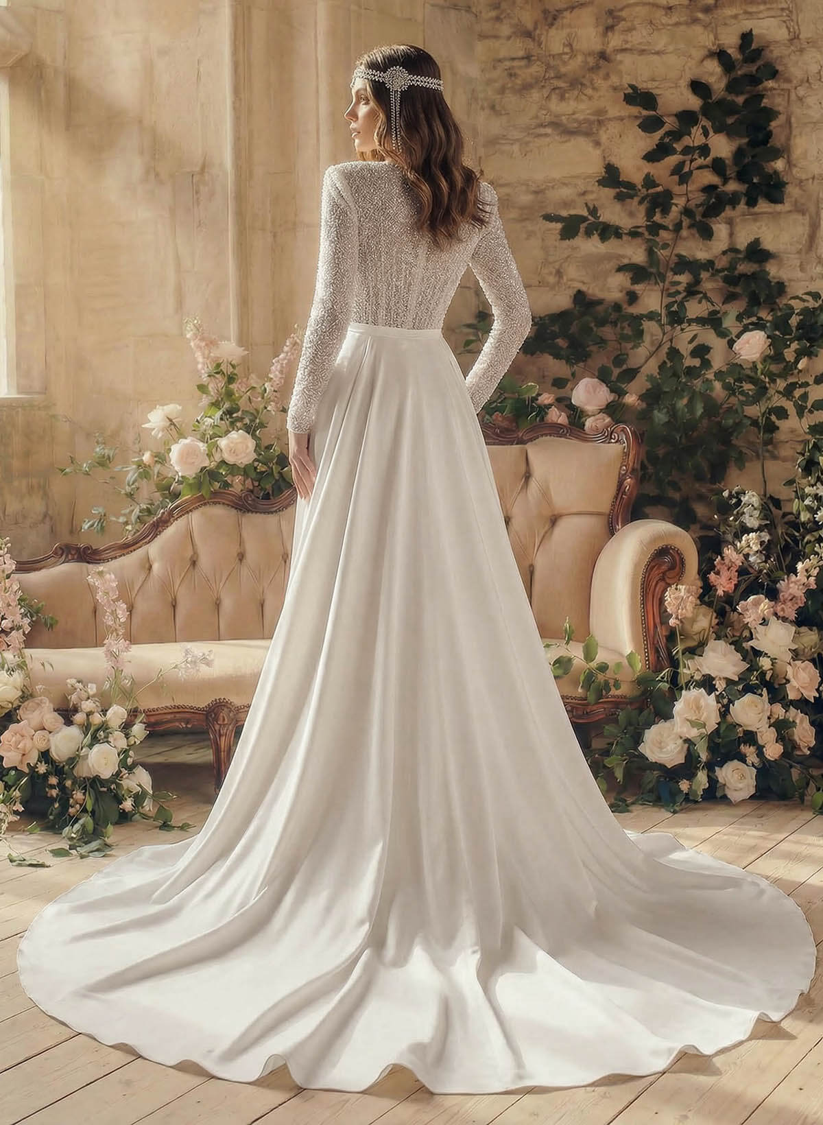 V-Neck Long Sleeves Sweep Train Wedding Dresses With Detachable Train, image 4