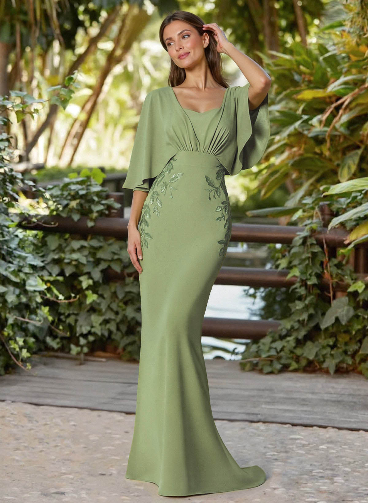 Trumpet/Mermaid Square Neckline Cape Sleeves Sweep Train Elastic Satin Evening Dresses in Moss Green, US2