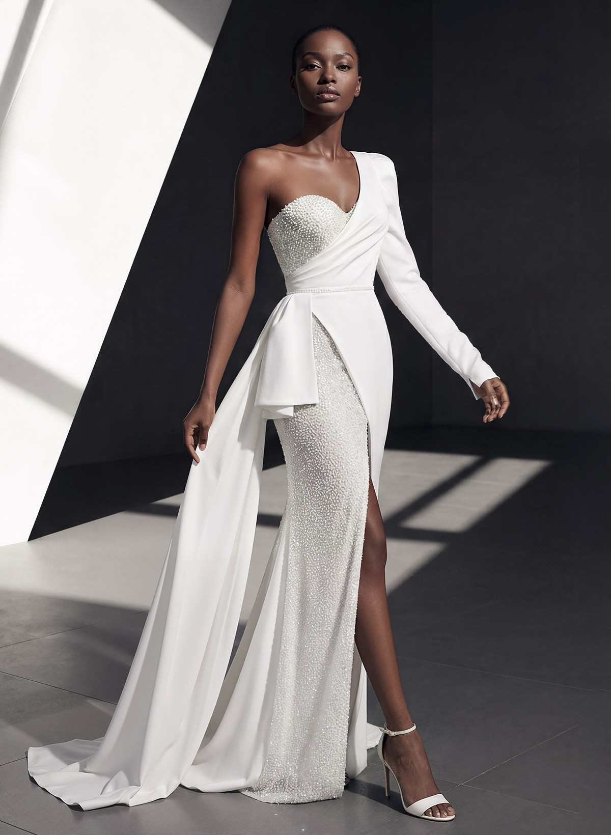 Sheath/Column One-Shoulder Long Sleeves Wedding Dresses With Split Front, image 2