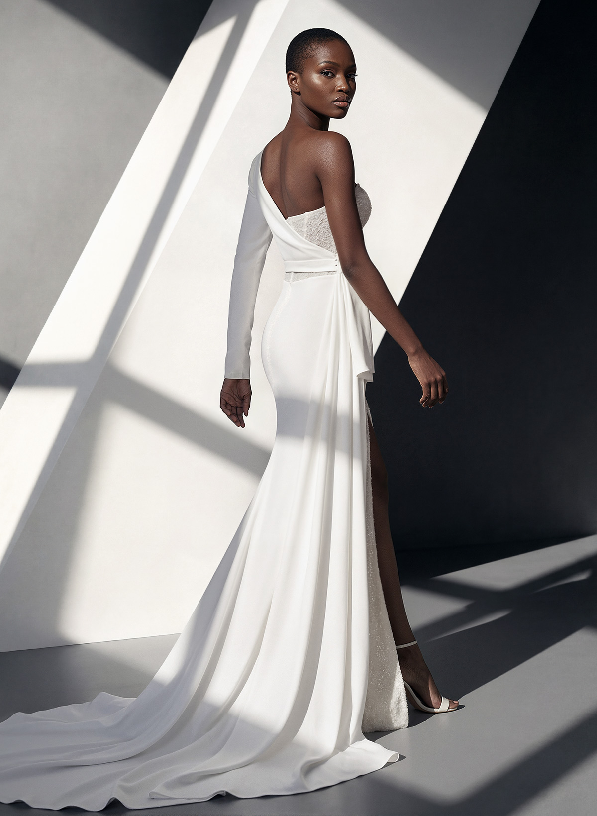 Sheath/Column One-Shoulder Long Sleeves Wedding Dresses With Split Front, image 3