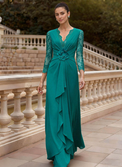 Sheath/Column V-Neck 3/4 Sleeves Floor-Length Lace/Elastic Satin Evening Dresses in Jade, US2