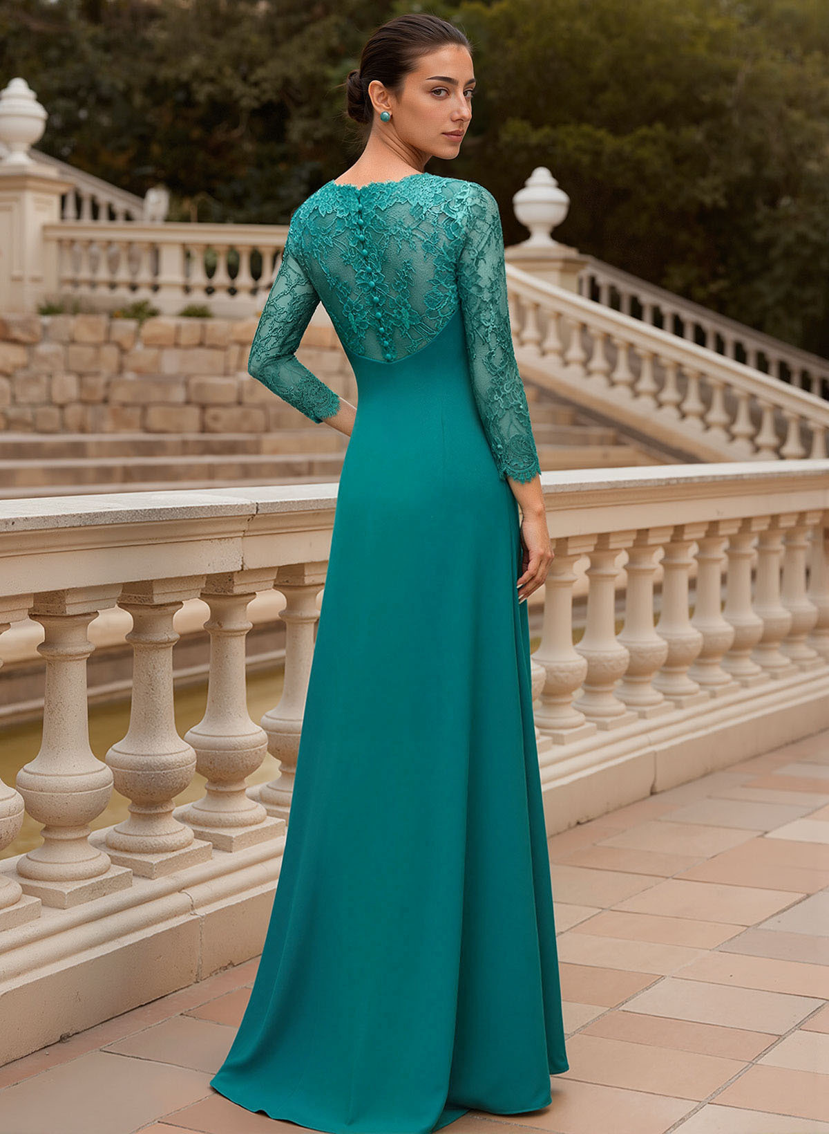 Sheath/Column V-Neck 3/4 Sleeves Floor-Length Lace/Elastic Satin Evening Dresses, supplier image 2