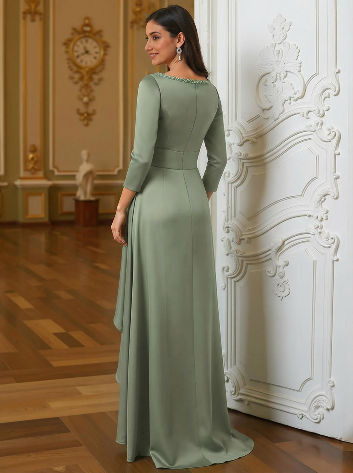 A-Line Scoop Neck 3/4 Sleeves Floor-Length Acetate Satin Mother Of The Bride Dresses