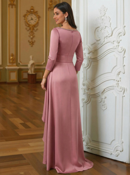 A-Line Scoop Neck 3/4 Sleeves Floor-Length Acetate Satin Mother Of The Bride Dresses