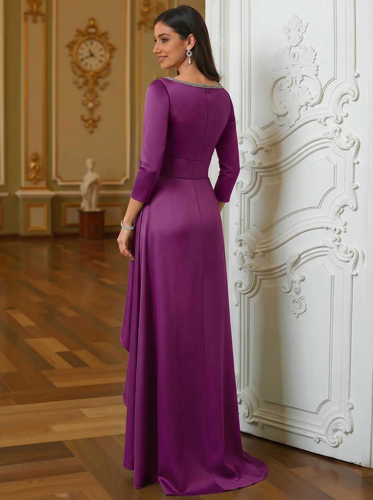 A-Line Scoop Neck 3/4 Sleeves Floor-Length Acetate Satin Mother Of The Bride Dresses