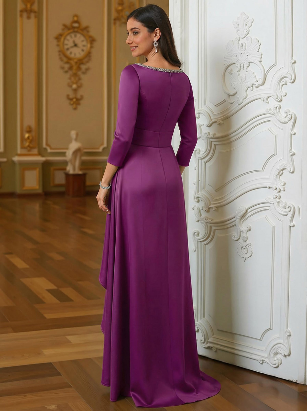 A-Line Scoop Neck 3/4 Sleeves Floor-Length Acetate Satin Mother Of The Bride Dresses
