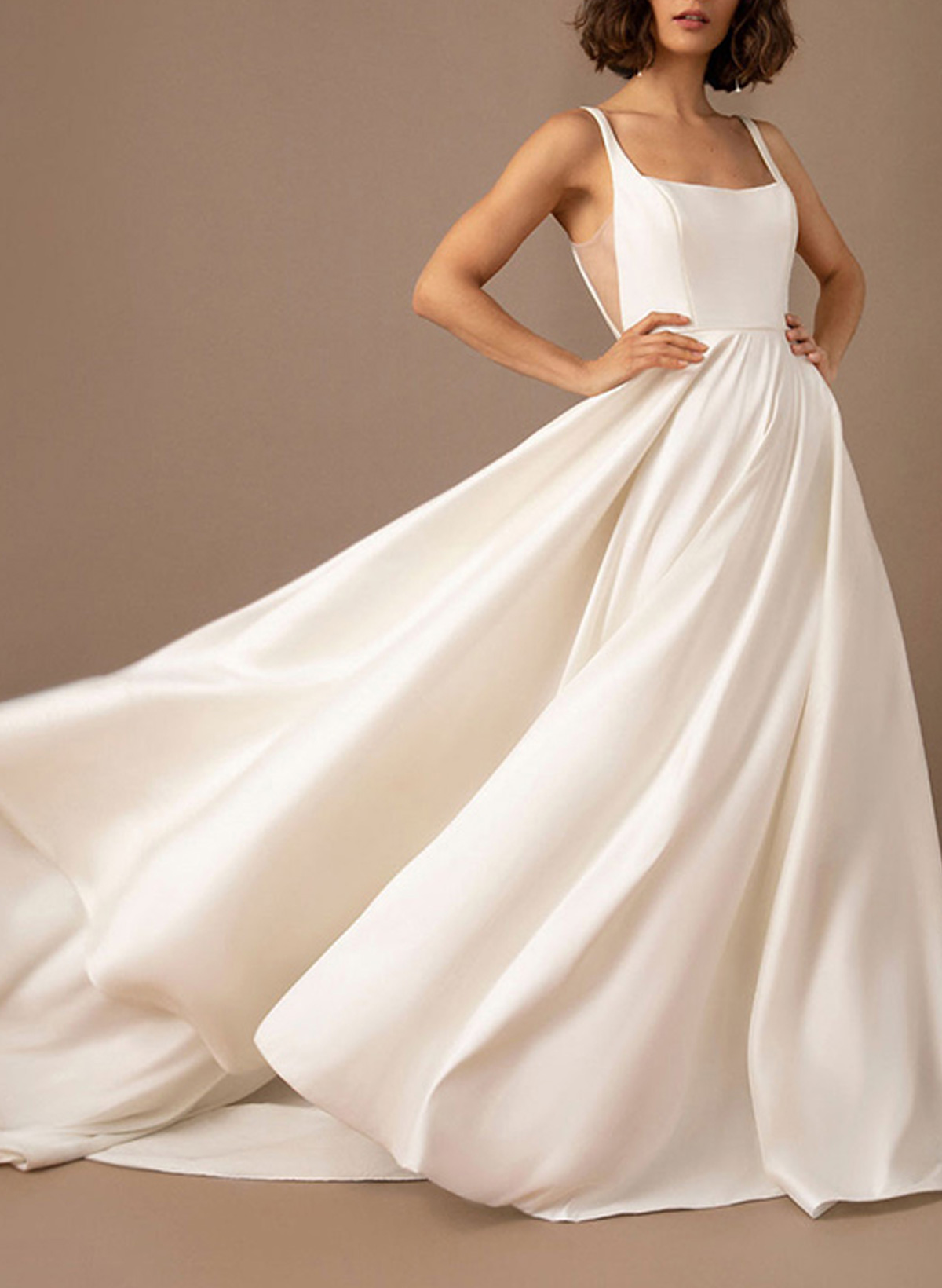 A-Line Square Neckline Sleeveless Satin Court Train Wedding Dresses With Pleated Pockets in Ivory, US2