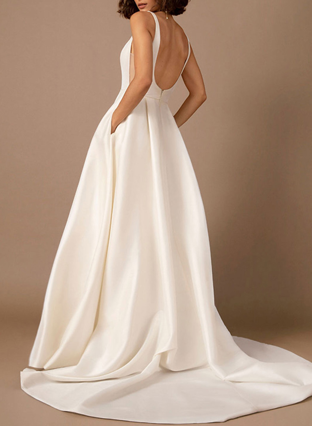 A-Line Square Neckline Sleeveless Satin Court Train Wedding Dresses With Pleated Pockets, image 2
