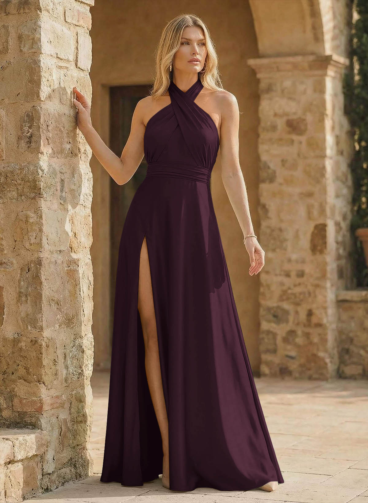 A-Line Halter Sleeveless Floor-Length Bridesmaid Dresses With Split Front, product image 82