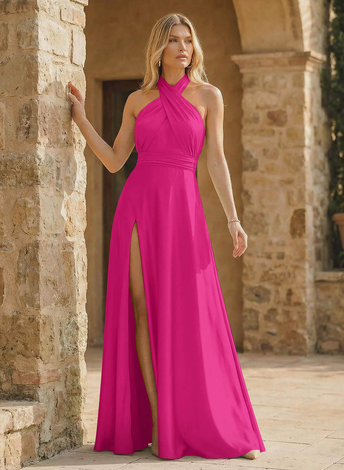 A-Line Halter Sleeveless Floor-Length Bridesmaid Dresses With Split Front, product image 34