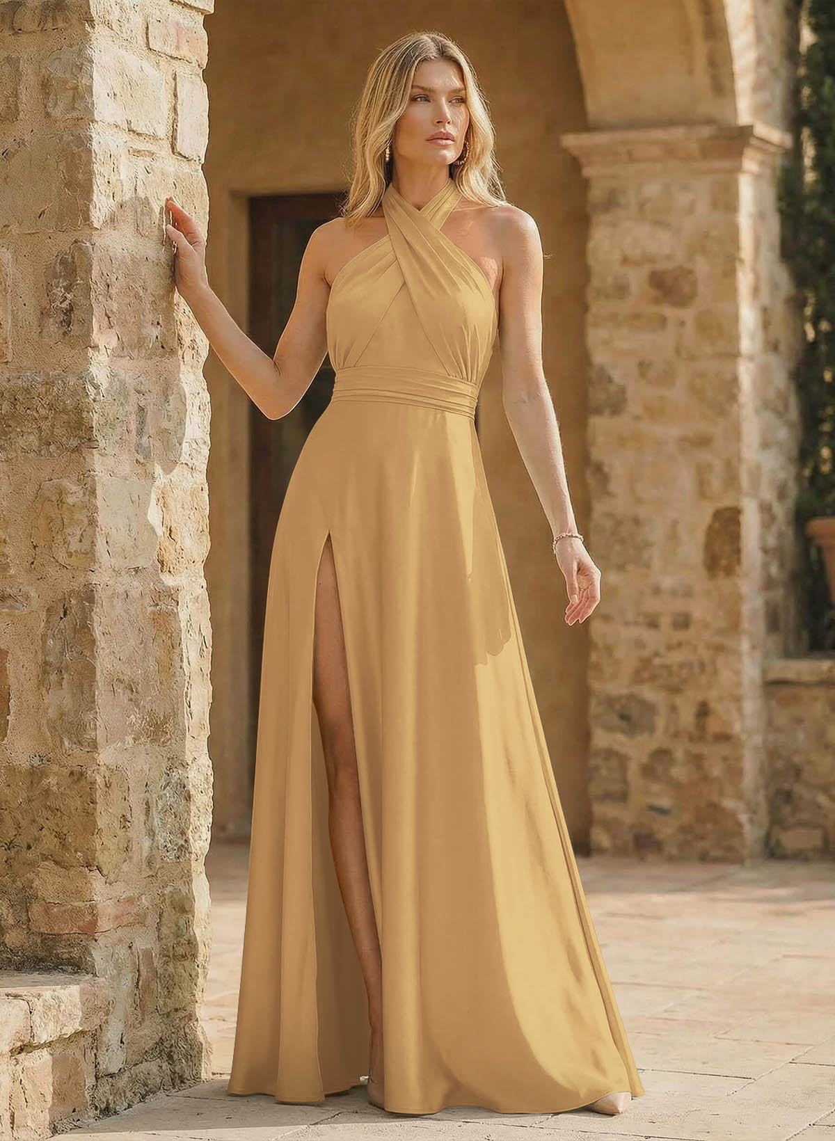 A-Line Halter Sleeveless Floor-Length Bridesmaid Dresses With Split Front, product image 30