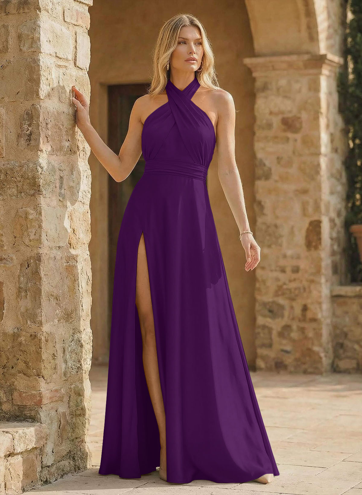 A-Line Halter Sleeveless Floor-Length Bridesmaid Dresses With Split Front, product image 38