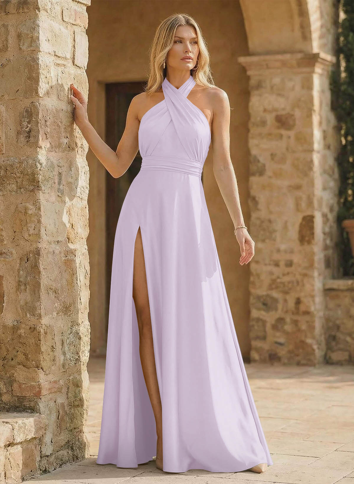 A-Line Halter Sleeveless Floor-Length Bridesmaid Dresses With Split Front, product image 46