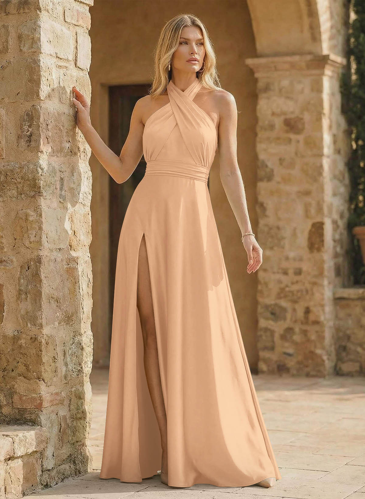 A-Line Halter Sleeveless Floor-Length Bridesmaid Dresses With Split Front, product image 146