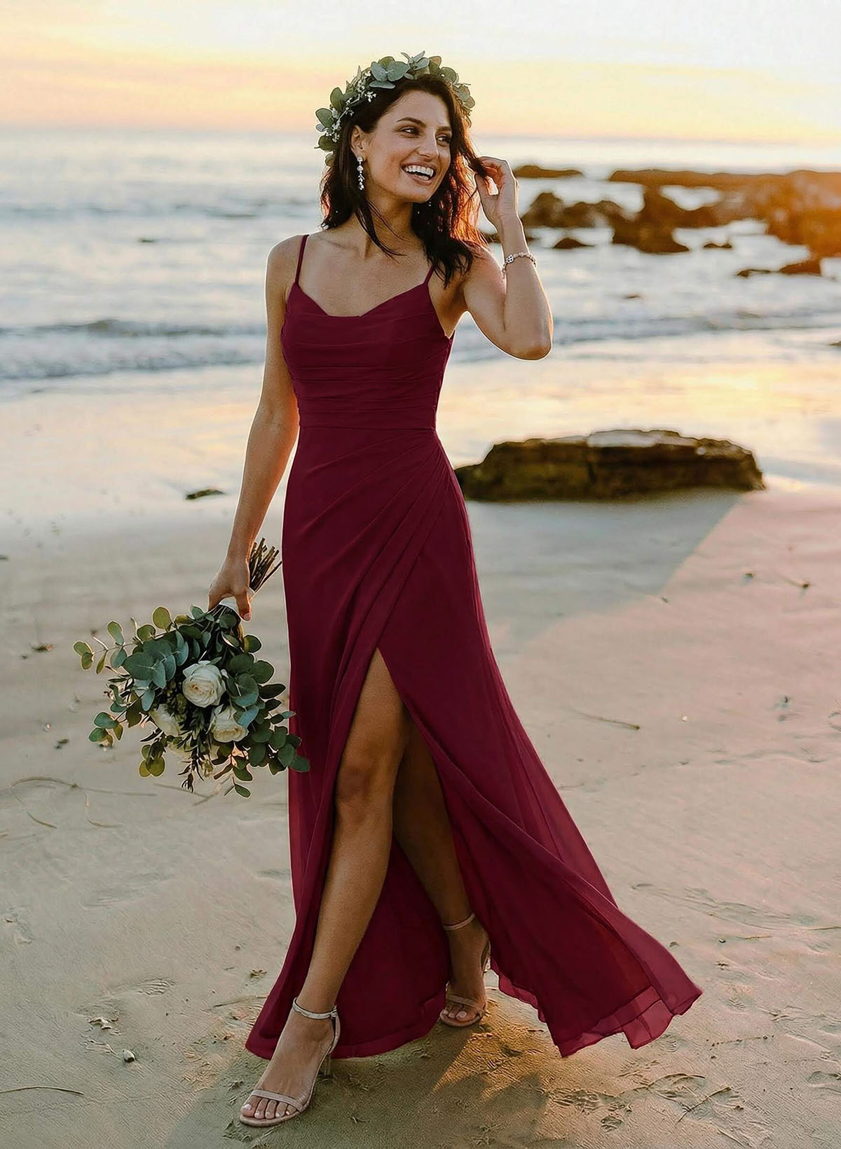 Cowl Neck Sheath/Column Bridesmaid Dresses With Chiffon