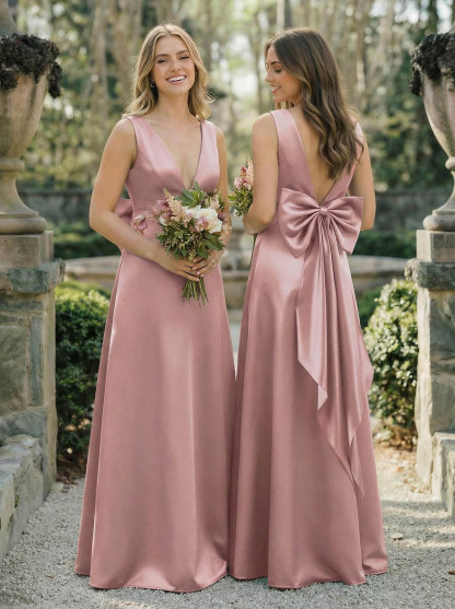 A-Line V-Neck Sleeveless Floor-Length Satin Bridesmaid Dresses With Bow