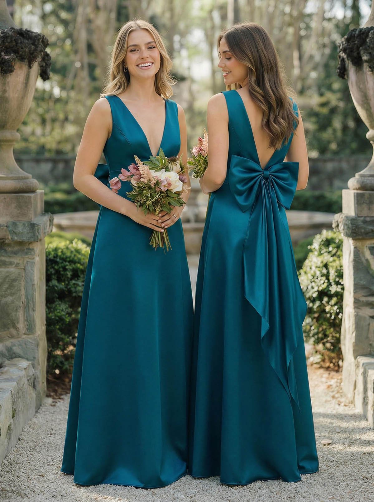 A-Line V-Neck Sleeveless Floor-Length Satin Bridesmaid Dresses With Bow