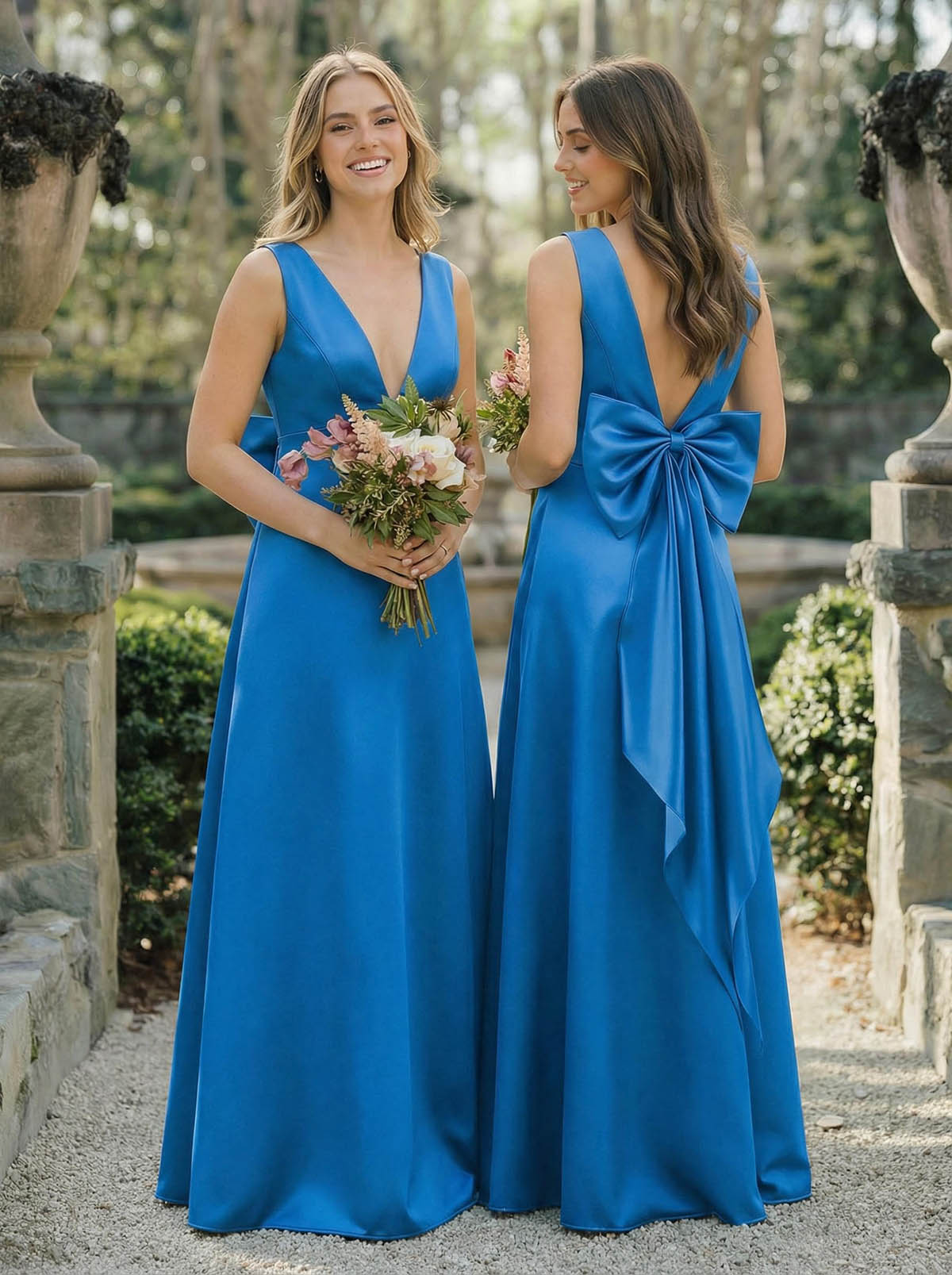 A-Line V-Neck Sleeveless Floor-Length Satin Bridesmaid Dresses With Bow