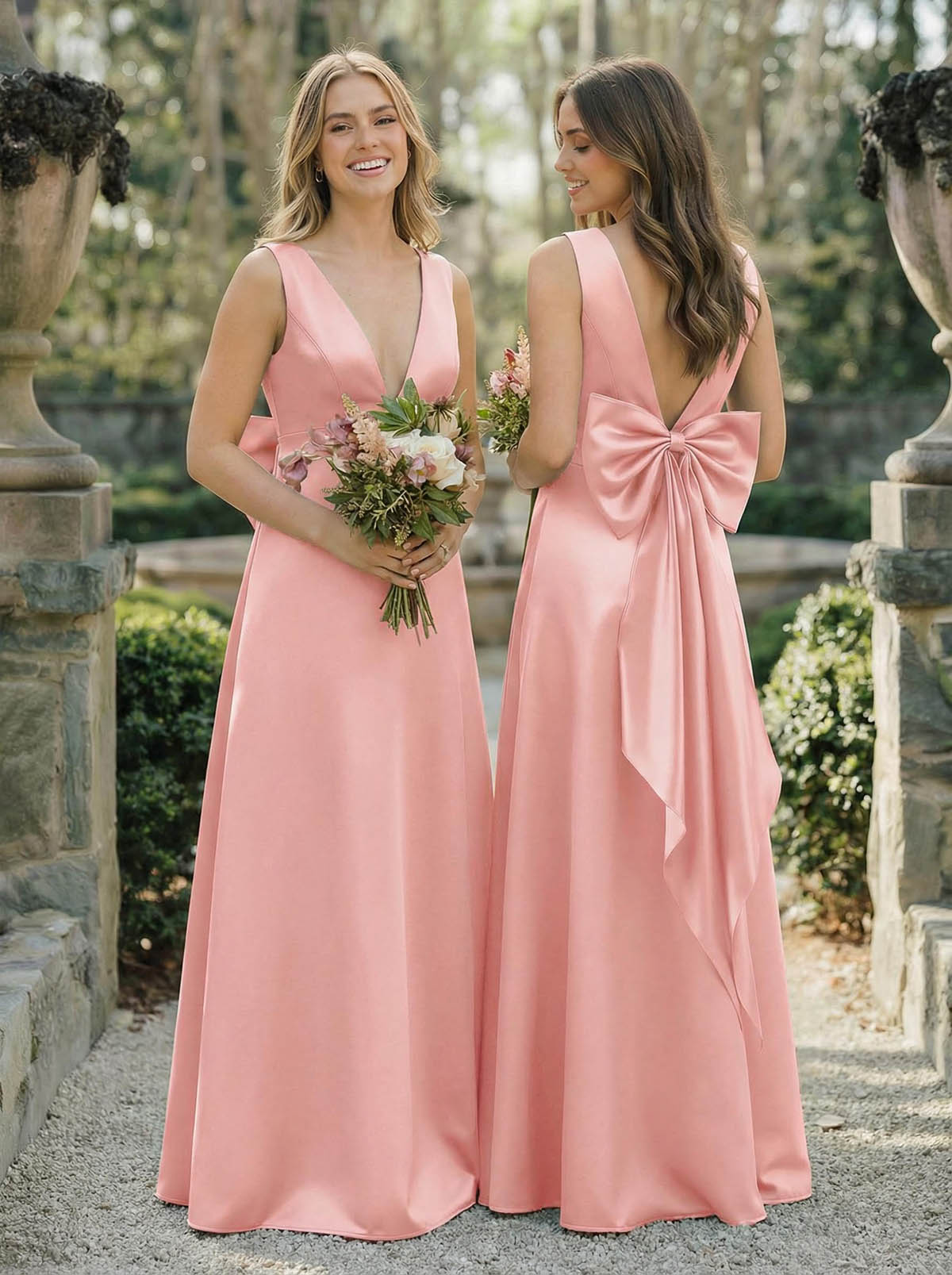 A-Line V-Neck Sleeveless Floor-Length Satin Bridesmaid Dresses With Bow