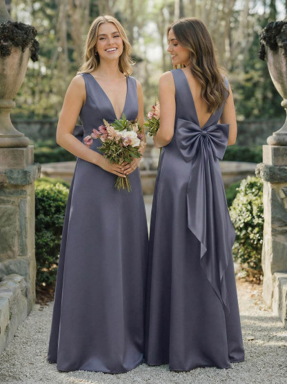 A-Line V-Neck Sleeveless Floor-Length Satin Bridesmaid Dresses With Bow