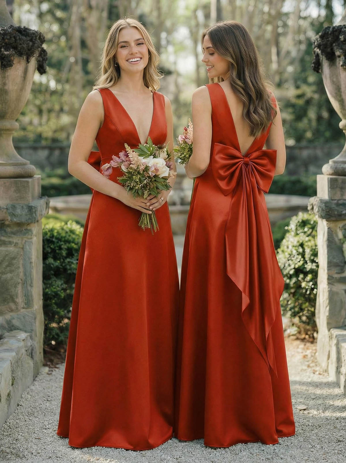 A-Line V-Neck Sleeveless Floor-Length Satin Bridesmaid Dresses With Bow