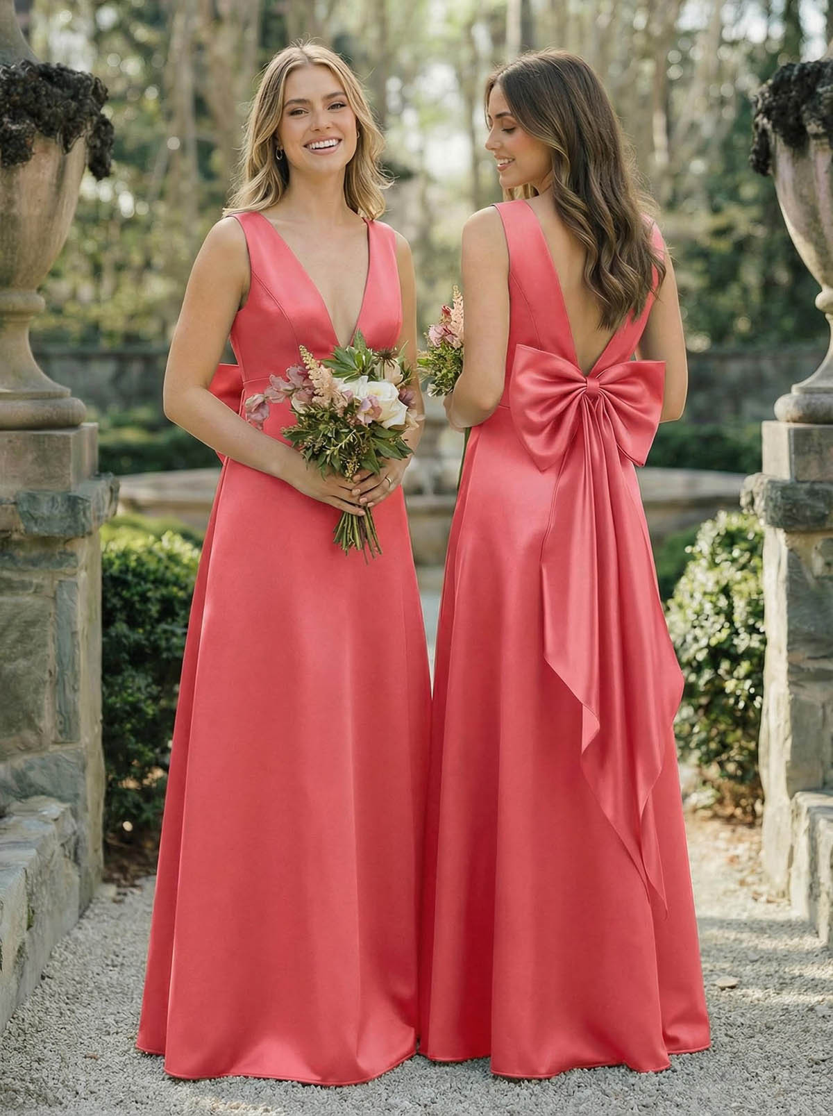 A-Line V-Neck Sleeveless Floor-Length Satin Bridesmaid Dresses With Bow