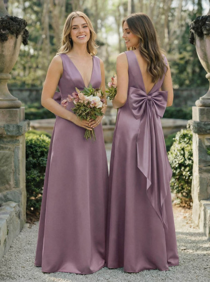 A-Line V-Neck Sleeveless Floor-Length Satin Bridesmaid Dresses With Bow