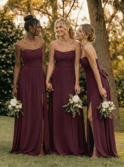 A-Line Off-The-Shoulder Sleeveless Floor-Length Chiffon Bridesmaid Dresses With Split Front Bow