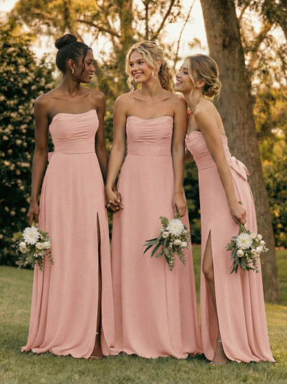A-Line Off-The-Shoulder Sleeveless Floor-Length Chiffon Bridesmaid Dresses With Split Front Bow