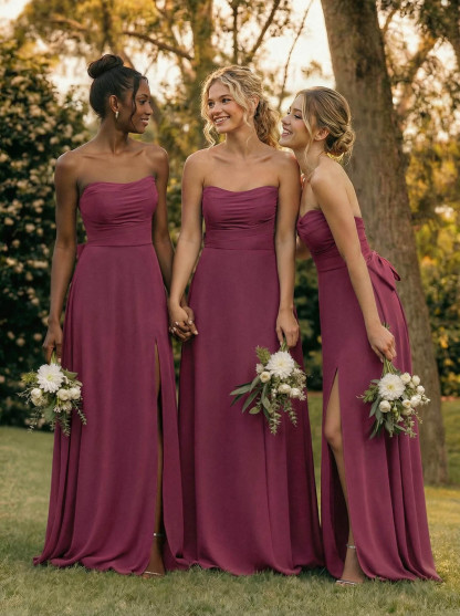 A-Line Off-The-Shoulder Sleeveless Floor-Length Chiffon Bridesmaid Dresses With Split Front Bow