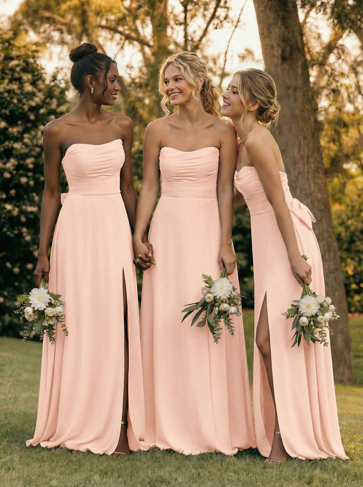 A-Line Off-The-Shoulder Sleeveless Floor-Length Chiffon Bridesmaid Dresses With Split Front Bow