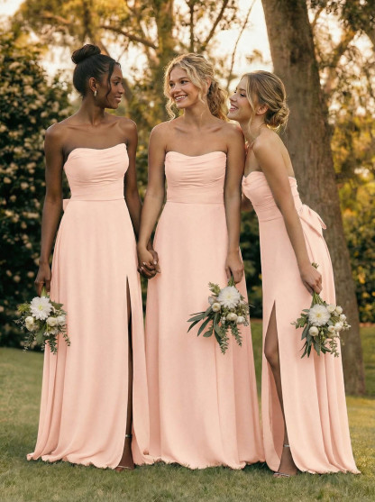 A-Line Off-The-Shoulder Sleeveless Floor-Length Chiffon Bridesmaid Dresses With Split Front Bow